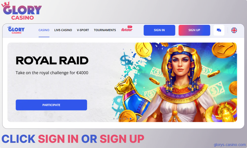Click Sign In or Sign Up on Glory Casino গৌরব ক্যাসিনো