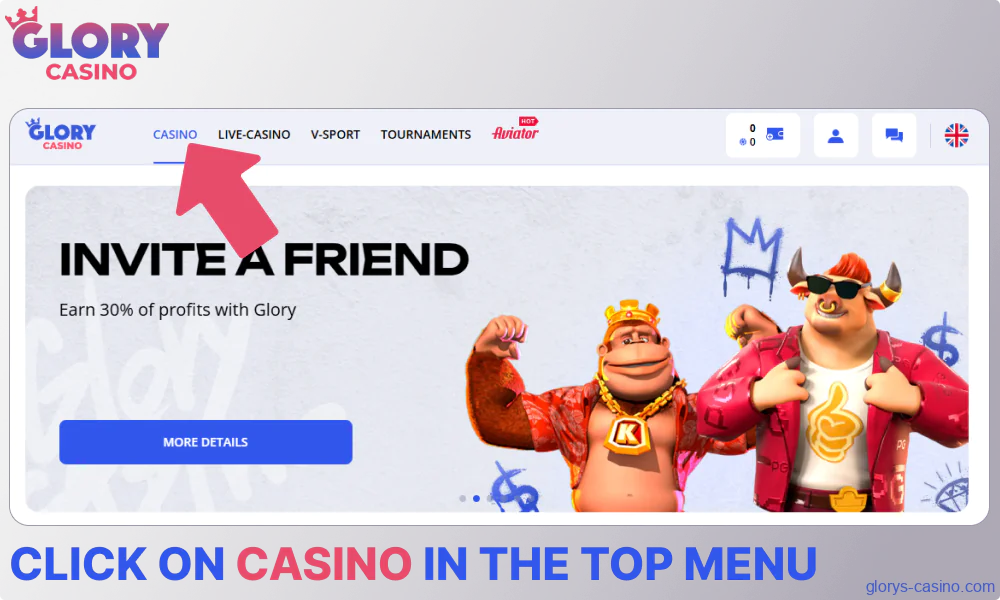 Click on Casino in the top menu on Glory Casino গৌরব ক্যাসিনো