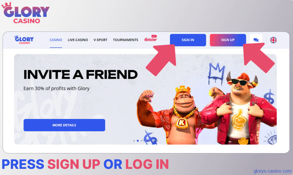 Press Sign Up or Log In on Glory Casino গৌরব ক্যাসিনো site